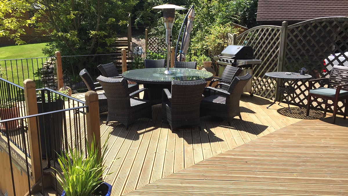 Split-level decking, upper deck, in a back garden in Ampfield