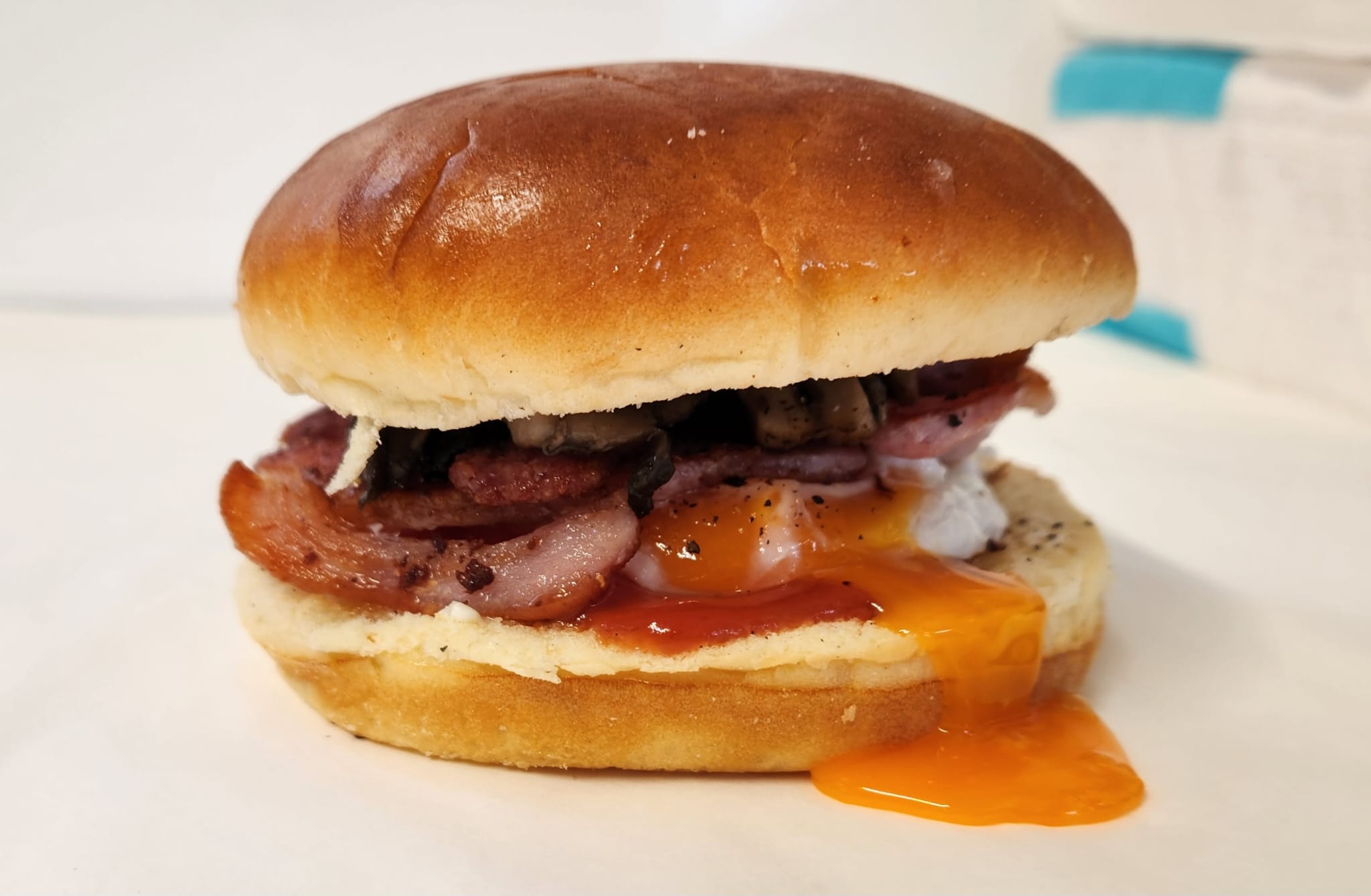 Bacon, mushroom & egg bap - made using the finest ingredients which are locally sourced.